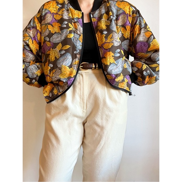 Vintage 100% Silk Bomber Black Jacket Fall Autumn Leaves Pattern S-L Unisex - Picture 3 of 12